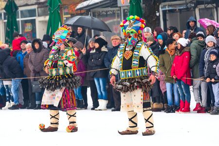 Razlog, Bulgaria - January 14, 2017: People in traditional carnival kuker costumes at Kukeri festival Starchevataのeditorial素材