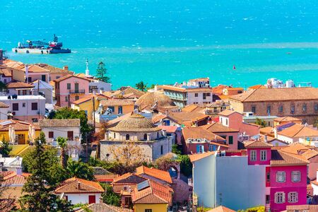 Nafplio or Nafplion, Greece, Peloponnese old town aerial panorama with sea