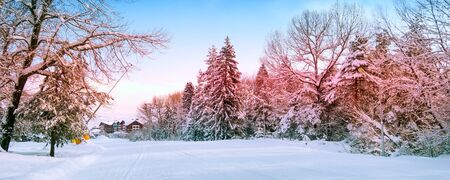 Bansko, Bulgaria winter sunset ski resort banner panoramic view with ski slope, gondola lift cabinsの写真素材
