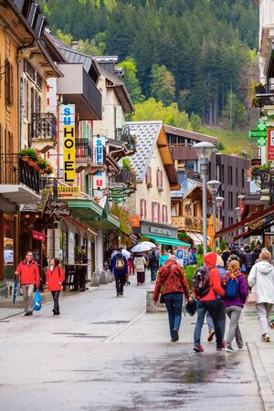 Chamonix Mont-Blanc, France - October 4, 2019: Street view in the center of famous ski resort in French Alpsのeditorial素材