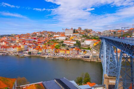 Porto, Portugal old town Ribeira panoramic view and Luis I bridge