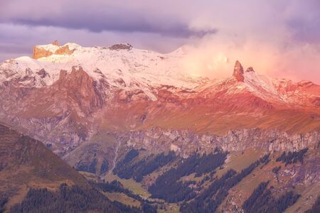 Panoramic view of Swiss Alps mountain peaks, Jungfrau, sunset, Bernese Oberland, Switzerland