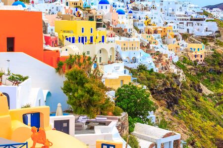 Oia, Santorini island, Greece village colorful housesの写真素材