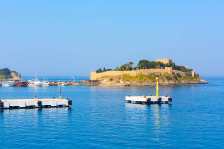 Pigeon Island with Pirate castle in Kusadasi harbor, Aegean coast of Turkeyの写真素材