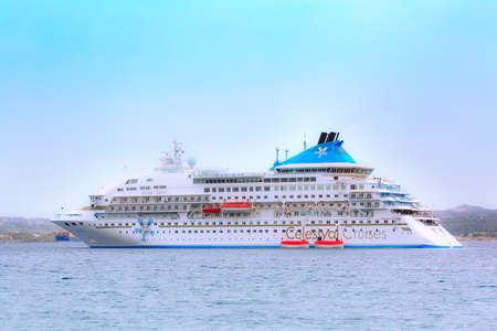 Milos, Greece - April 24, 2019: Celestyal Crystal cruise ship in the Aegean seaのeditorial素材