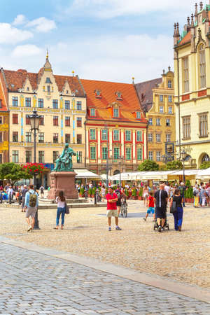 Wroclaw, Poland - June 21, 2019: Old Town Rynek Market Square with colorful houses, peopleのeditorial素材