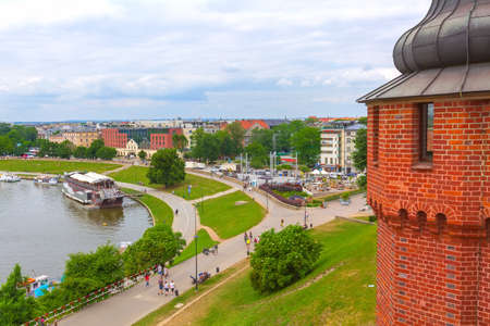 Krakow, Poland -June 18, 2019: Cracow panorama with Vistula river aerial skyline panorama and Wawel...