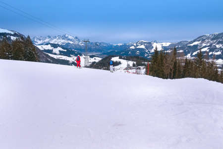 Saalbach-Hinterglemm, Austria - March 1, 2020: People skiing at ski slope of austrain winter resortのeditorial素材