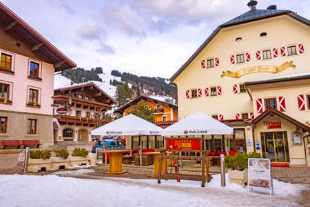 Saalbach, Austria - March 1, 2020: Town village street view in downtown of austrian ski resortのeditorial素材