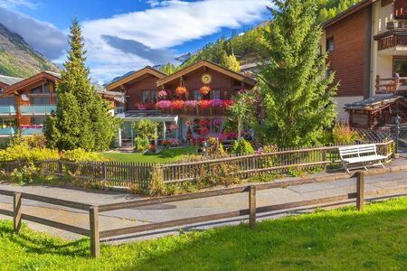 Zermatt, alpine village, Switzerland, Swiss Alps, houses decorated with flowers