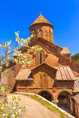Sapara orthodox monastery church and spring flower tree blossom, Akhaltsikhe, Georgia