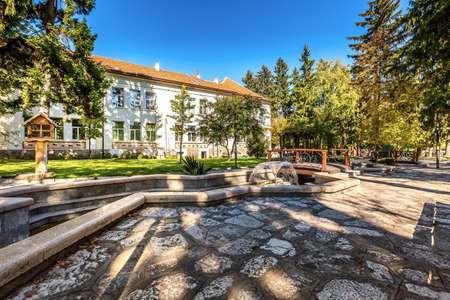 Razlog, Bulgaria downtown street panoramic view with autumn trees and fountainsの写真素材
