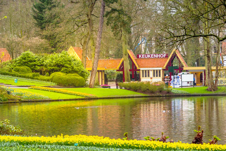 Keukenhof, Lisse, Netherlands - April 4, 2016: The entrance of the flower and tulip garden park in South Hollandのeditorial素材