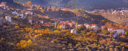 Portaria mountain village sunset, Pelion, Greeceの写真素材