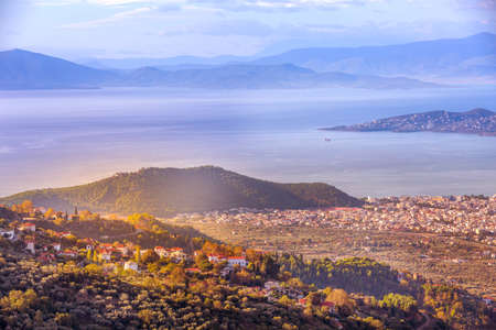 Volos city sunset view from Pelion mount, Greeceの写真素材