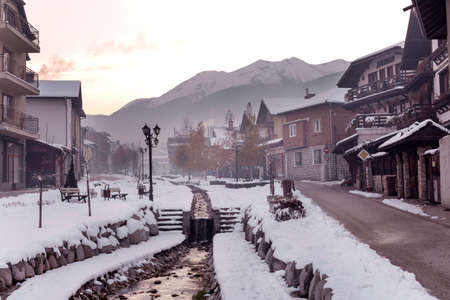 Bansko, Bulgaria street view and Pirin mountainsのeditorial素材