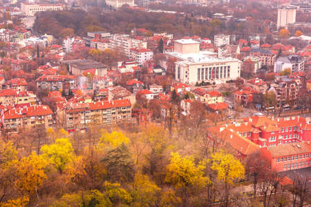 Plovdiv, Bulgaria - November 26, 2021: Cityscape view of bulgarian city in autumn