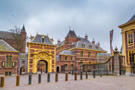 Hague, Netherlands - April 5, 2016: Arch to Binnenhof palace, place of dutch parliament in Hague or Den Haag, Hollandのeditorial素材