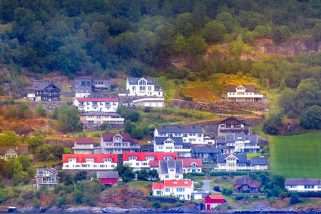 Norwegian fjord village in summer, Norway. Tourism vacation and travel backgroundの写真素材