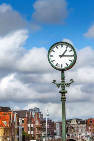 Leiden, Netherlands town, street clock housesの写真素材