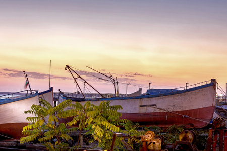 Pomorie, Bulgaria boats panorama, sunset
