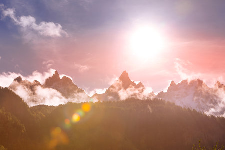 Colorful evening French Alps mountains, Franceの写真素材