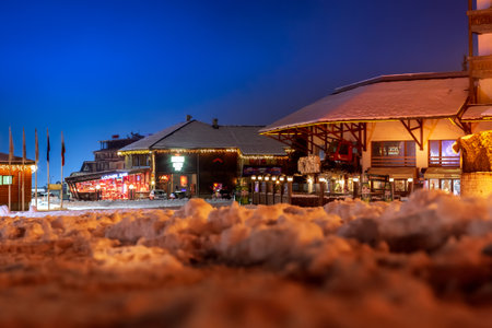 Evening ski resort Bansko, Bulgaria, snow winterのeditorial素材