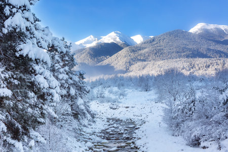 Bansko, Bulgaria travel winter landscape panorama of snow Pirin mountain peaks and river Glazneの写真素材