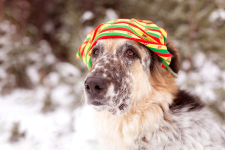 Big dog wearing colorful hat, face portrait in snow outdoors