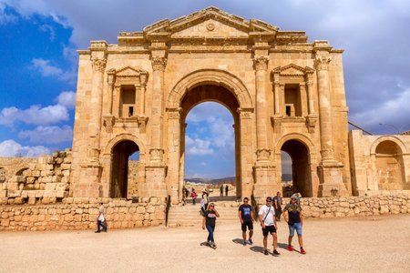Jerash, Jordan Arch of Hadrian at the entranceのeditorial素材