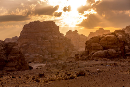 Landscape with sandstone rocks in little petra archaeological site, Jordanの写真素材