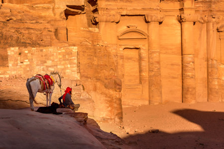 Bedouin and donkey, Monastery, Petra, Jordanのeditorial素材