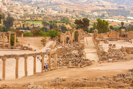Jerash, Jordan - November 7, 2022: Gerasa ancient roman columns and ruins high angle viewのeditorial素材
