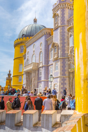 Sintra, Portugal - March 28, 2018: Famous portuguese landmark, Pena Palace or Palacio da Pena and peopleのeditorial素材