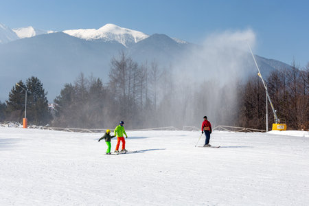 Ski resort Bansko, Bulgaria, cable car, ski roadのeditorial素材