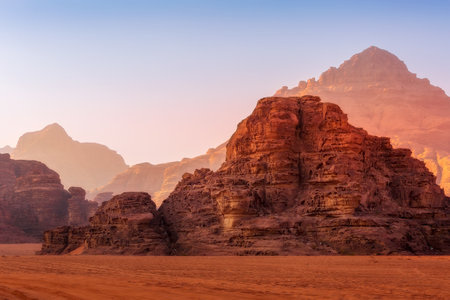 Jordan, Wadi Rum red dune sand and beautiful rocks landscapeの写真素材