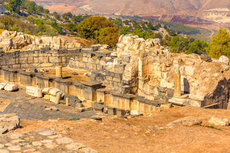 Roman road of Umm Qais Gadara in northern Jordan. It is located in the north-west of the countryの写真素材