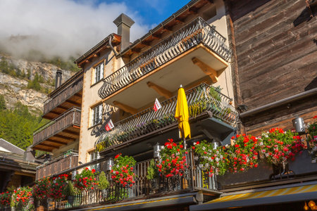 Houses in Zermatt alpine village, Switzerlandの写真素材