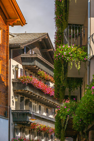 Houses in Zermatt alpine village, Switzerlandの写真素材