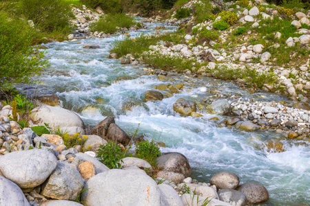 Blue river spring landscape, Bansko, Bulgariaの写真素材