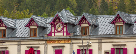 Chamonix Mont-Blanc, France - October 4, 2019: Railway train station in the centre of famous ski resort in French Alpsのeditorial素材