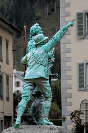 Chamonix Mont-Blanc, France - October 4, 2019: Statue of Balmat and Saussure, street in the centre of famous ski resort in French Alpsのeditorial素材