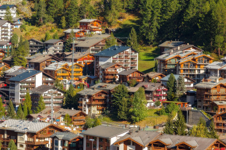 Zermatt, Switzerland - October 7, 2019: Town aerial view in famous swiss ski resort, colorful traditional houses, Swiss Alps mountainsのeditorial素材