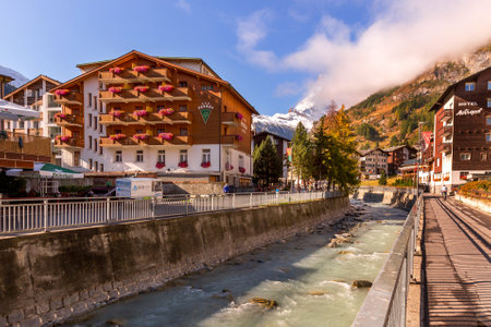 Zermatt, Switzerland street view and Matterhornのeditorial素材