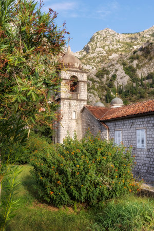 Old town of Kotor, Montenegro. Evening view of church and fortress in the mountainsの写真素材
