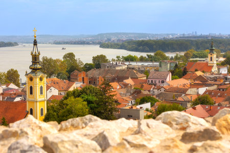 Belgrade, Serbia panoramic view from Gardos, Zemun, with Saint Nicholas church and Danube river in summerの写真素材
