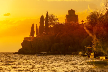 Ohrid, North Macedonia Church of St. John Kaneo and lake sunset viewの写真素材