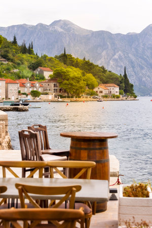 Perast, Montenegro panoramic town view from a little waterfront cafeの写真素材