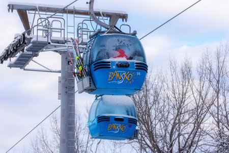 Bansko, Bulgaria - December 21, 2021: Winter resort with two ski lift gondola cabins close-up viewのeditorial素材