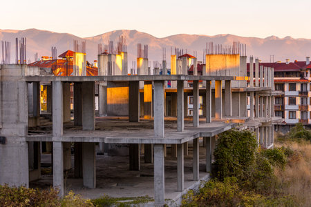 Bansko, Bulgaria - October 31, 2023: Abandoned construction, unfinished frame reinforced concrete...